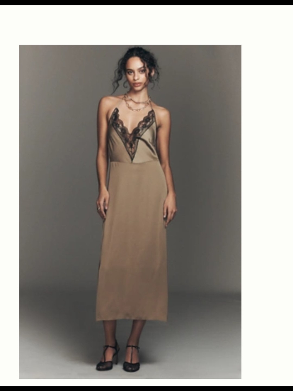 Silk-Trim Slip Dress in Olive with Black Lace